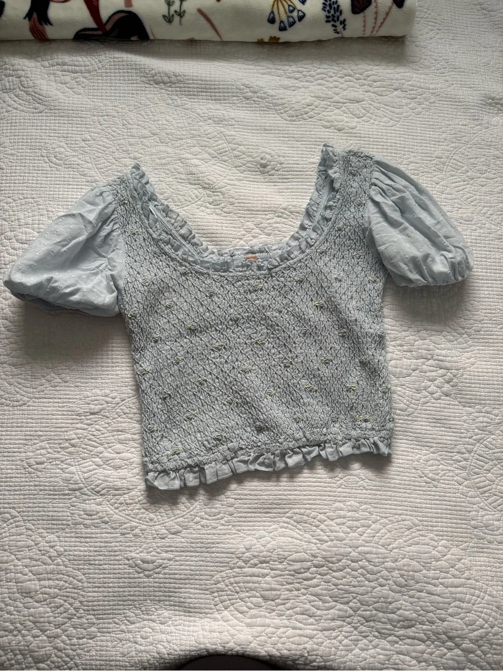 Free People Cecelia Puff Sleeve Smocked embroidered Rosette Cute Top